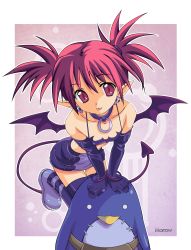 Rule 34 | 1girl, :p, absurdres, bad id, bad pixiv id, bat wings, black gloves, black skirt, black thighhighs, choker, demon girl, derivative work, disgaea, earrings, elbow gloves, etna (disgaea), flat chest, gloves, highres, jewelry, leaning forward, makai senki disgaea, miniskirt, morrow (hitodama-x), pencil skirt, pointy ears, prinny, red eyes, red hair, shoes, short hair, skirt, smile, solo, spiked hair, tail, thighhighs, tongue, tongue out, transparent background, twintails, vector trace, wings