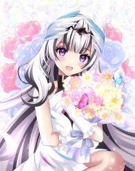 Rule 34 | 1girl, :d, black hair, bouquet, bug, butterfly, commentary request, dress, fire emblem, fire emblem engage, flower, gloves, highres, holding, holding bouquet, insect, kakiko210, long hair, looking at viewer, multicolored hair, nintendo, open mouth, pink flower, purple eyes, sleeveless, sleeveless dress, smile, solo, streaked hair, very long hair, veyle (fire emblem), white dress, white gloves, white hair, yellow flower