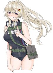 Rule 34 | 1girl, ak74m (girls&#039; frontline), ak74m (trident and fish slicer) (girls&#039; frontline), bare shoulders, bisaytin, blonde hair, blue eyes, breasts, commentary, covered navel, cowboy shot, girls&#039; frontline, goggles, goggles around neck, grin, hair ornament, large breasts, long hair, official alternate costume, one-piece swimsuit, ponytail, simple background, smile, solo, swimsuit, white background
