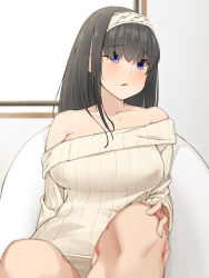 Rule 34 | 10s, 1girl, :&lt;, black hair, blue eyes, blush, bottomless, breasts, chair, collarbone, commentary request, covered erect nipples, foreshortening, hairband, highres, idolmaster, idolmaster cinderella girls, knees, large breasts, long hair, long sleeves, looking at viewer, off-shoulder, off-shoulder sweater, off shoulder, painttool sai, ribbed sweater, sagisawa fumika, sente, sweater