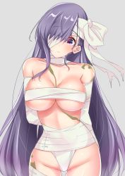 Rule 34 | 1girl, bandages, bandage over one eye, bandaged arm, bandaged head, bandages, breasts, cleavage, fate/grand order, fate (series), grey background, head tilt, highres, kingprotea (fate), large breasts, long hair, purple eyes, purple hair, sankakusui, sarashi, simple background, solo, underboob, very long hair
