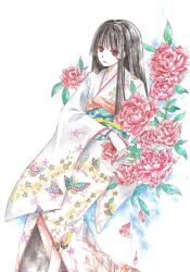 Rule 34 | 1girl, animal print, black hair, bug, butterfly, butterfly print, closed mouth, commentary request, enma ai, falling petals, floral print, floral print kimono, flower, hime cut, insect, japanese clothes, jigoku shoujo, kimono, long hair, long sleeves, looking at viewer, obi, painting (medium), petals, red eyes, sash, simple background, solo, star (symbol), star print, traditional media, watercolor (medium), white background, white kimono, wide sleeves, yami (silent)