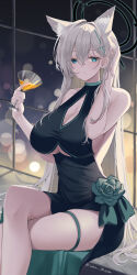 Rule 34 | 1girl, animal ears, black dress, blue archive, blue eyes, breasts, broken halo, cleavage, cleavage cutout, clothing cutout, cross hair ornament, cup, dark halo, dress, hair ornament, hairclip, halo, hand in own hair, highres, holding, holding cup, large breasts, looking at viewer, luna bloom, mismatched pupils, night, shiroko (blue archive), shiroko terror (blue archive), sitting, solo, thigh strap, twitter username, white hair, window, wolf ears