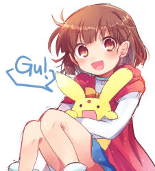 Rule 34 | 1girl, arle nadja, blue skirt, bow, brown eyes, brown hair, cape, carbuncle (puyopuyo), compile, head tilt, long sleeves, looking at viewer, madou monogatari, open mouth, orange bow, puyopuyo, red cape, shirt, sitting, skirt, smile, speech bubble, white background, white shirt, xox xxxxxx