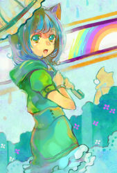Rule 34 | 1girl, :o, ame yamori, animal ears, blue eyes, blue hair, cat ears, dress, from side, green dress, looking at viewer, looking to the side, matching hair/eyes, open mouth, original, puffy short sleeves, puffy sleeves, short hair, short sleeves, solo, umbrella