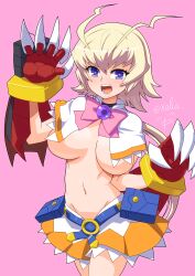 Rule 34 | 1girl, ahoge, amanohara minori, arcana heart, blonde hair, breasts, cleavage cutout, clothing cutout, gloves, heart, heart-shaped pupils, highres, large breasts, legs, looking at viewer, nalia, navel, open mouth, purple eyes, short hair, skirt, smile, solo, symbol-shaped pupils, thighs, underboob