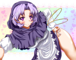Rule 34 | 1girl, bent over, blush, clothes lift, dress, dress lift, female focus, hand on own hip, hood, hoop, kumoi ichirin, long sleeves, looking at viewer, multicolored clothes, multicolored dress, panties, purple dress, purple eyes, purple hair, purple skirt, side-tie panties, skirt, smile, solo, thighs, touhou, underwear, white dress, white panties, zan (harukahime)
