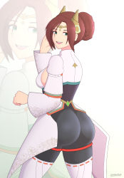 Rule 34 | 1girl, absurdres, alexandria (xenoblade), ass, bodysuit, breasts, brown eyes, brown hair, circlet, from behind, hair bun, hair ornament, highres, huge ass, lackatask, large breasts, looking at viewer, looking back, open mouth, shiny clothes, sideboob, skin tight, smile, solo, thighhighs, xenoblade chronicles (series), xenoblade chronicles 3
