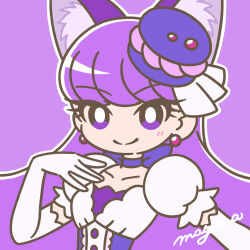 Rule 34 | 1girl, animal ears, blush, bow, bright pupils, cat ears, cat tail, choker, collarbone, cure macaron, earrings, elbow gloves, extra ears, eyelashes, food-themed hair ornament, gloves, hair ornament, highres, jewelry, kirakira precure a la mode, kotozume yukari, long hair, looking at viewer, macaron hair ornament, magical girl, mayena, outline, precure, puffy short sleeves, puffy sleeves, purple background, purple choker, purple eyes, purple hair, short sleeves, signature, simple background, smile, solo, tail, upper body, white gloves, white outline, white pupils