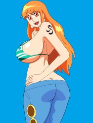 Rule 34 | 1girl, ass, breasts, butt crack, cleavage, denim, from behind, highres, huge ass, huge breasts, jeans, long hair, looking at viewer, looking back, nami (one piece), naughty face, one piece, orange hair, pants, sideboob, solo, standing, thick thighs, thighs, wide hips