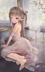 Rule 34 | 1girl, absurdres, arm support, bare shoulders, barefoot, breasts, brown hair, commentary, curtains, dress, elf, english commentary, flower, gaaratelier, glass slipper, grey dress, high heels, highres, indoors, long hair, looking at viewer, looking back, on floor, original, pointy ears, rose, see-through, shoes, unworn shoes, small breasts, soles, solo, strapless, strapless dress, tiara, transparent, very long hair, white flower, white rose, window