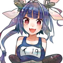 Rule 34 | 10s, 1girl, bad id, bad twitter id, bare shoulders, blue hair, breast rest, breasts, character name, collarbone, eyebrows, fang, hair ornament, hair ribbon, i-19 (kancolle), itomugi-kun, kantai collection, long hair, looking at viewer, medium breasts, multicolored hair, name tag, one-piece swimsuit, open mouth, pink ribbon, red eyes, ribbon, school swimsuit, simple background, sleeveless, smile, solo, star-shaped pupils, star (symbol), swimsuit, symbol-shaped pupils, torpedo, twintails, upper body, white background