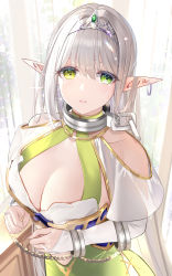 Rule 34 | 1girl, absurdres, breasts, bridal gauntlets, chain, cleavage, clothing cutout, collar, commentary request, crying, crying with eyes open, cuffs, curtains, dress, ear piercing, elf, green dress, green eyes, hair between eyes, halterneck, heterochromia, highres, indoors, large breasts, long hair, looking at viewer, metal collar, muka tsuku, original, parted lips, piercing, pointy ears, restrained, revision, shoulder cutout, silver hair, slave, solo, tears, tiara, upper body, very long hair