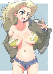 Rule 34 | 1girl, absurdres, blonde hair, blue eyes, blue shorts, blush, breasts, breasts apart, collarbone, girls und panzer, gluteal fold, highres, jacket, kay (girls und panzer), large breasts, long hair, micro shorts, military, military uniform, navel, no panties, open mouth, pasties, pero (gessoyo), saunders military uniform, shiny skin, shorts, smile, solo, star pasties, sweat, uniform