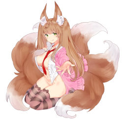Rule 34 | 1girl, animal ear fluff, animal ears, blush, bottomless, breasts, commission, drawing, fluffy, fox, fox ears, fox tail, green eyes, highres, kitsune, long hair, mirei-yume, necktie, no bra, original, red necktie, ribbon, tail, thighhighs, tongue, very long hair, white background