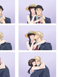 Rule 34 | 1boy, 1girl, black hair, blonde hair, drawing (object), happy, hat, highres, hug, husband and wife, kiss, kissing cheek, official alternate costume, smile, spy x family, taking picture, twilight (spy x family), udonoharu, yor briar