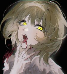 Rule 34 | 1girl, black background, blonde hair, blood, blood on face, body fur, commentary, dungeon meshi, eyelashes, falin touden, falin touden (chimera), fangs, hand up, highres, looking at viewer, monster girl, open mouth, pb q, portrait, saliva, short hair, simple background, solo, spoilers, tongue, tongue out, yellow eyes