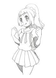 Rule 34 | 1girl, artist name, backpack, bag, blush, braid, breasts, clenched hands, closed mouth, creatures (company), cropped legs, dated, female focus, french braid, game freak, greyscale, hands up, happy, highres, lillie (pokemon), looking at viewer, miniskirt, monochrome, nintendo, pleated skirt, pokemon, pokemon sm, ponytail, shirt, short sleeves, signature, simple background, skirt, small breasts, smile, solo, standing, toumin nezumi, white background