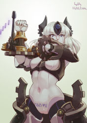 Rule 34 | 1girl, 2016, android, artist name, automaton (monster girl encyclopedia), body writing, clenched hand, dated, gears, green background, gun, heart, horns, joints, long hair, looking at viewer, lutherniel, machinery, mechanical horns, monster girl encyclopedia, navel, pubic tattoo, purple eyes, robot girl, robot joints, scar, scar on face, simple background, solo, steampunk, stomach, tattoo, tsurime, weapon, white hair