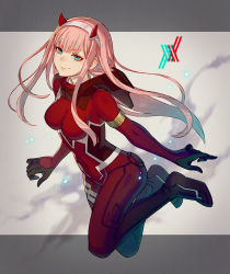 Rule 34 | 10s, 1girl, blue eyes, blunt bangs, bodysuit, breasts, breasts apart, covered navel, darling in the franxx, floating hair, full body, grey background, grey hairband, hairband, highres, horns, kusano shinta, long hair, medium breasts, pilot suit, pink hair, red bodysuit, skin tight, smile, solo, very long hair, wedge heels, zero two (darling in the franxx)