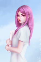Rule 34 | 10s, 1girl, artist name, bad id, bad pixiv id, blouse, blue background, deviantart username, eyelashes, flyer, from side, glasses, gradient background, highres, holding, holding paper, kamishiro rize, lips, long hair, looking at viewer, looking to the side, matching hair/eyes, miura-n315, paper, parted lips, pink eyes, pink hair, realistic, red-framed eyewear, semi-rimless eyewear, shirt, short sleeves, simple background, solo, standing, swept bangs, tokyo ghoul, under-rim eyewear, watermark, web address, white shirt