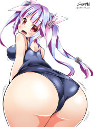 Rule 34 | 10s, 1girl, ass, ass focus, ass shake, bare shoulders, blue hair, blush, breasts, covered erect nipples, fang, female focus, from behind, hair ornament, hair ribbon, huge ass, i-19 (kancolle), jiggle, kantai collection, large breasts, leaning forward, long hair, looking at viewer, looking back, one-piece swimsuit, open mouth, red eyes, ribbon, school swimsuit, shiny clothes, shiny skin, sideboob, simple background, smile, solo, submarine, swimsuit, thighs, trefoil, twintails, watercraft, wide hips, yuuki hb