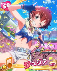 Rule 34 | 10s, 1girl, ;d, audience, beamed quavers, belt, blue eyes, brown hair, card (medium), character name, confetti, day, earrings, fingerless gloves, gloves, grin, idolmaster, idolmaster million live!, jewelry, julia (idolmaster), looking at viewer, microphone, musical note, necklace, official art, one eye closed, open mouth, short hair, shorts, sky, smile, solo, wink