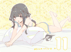 Rule 34 | 1girl, adagaki aki, bare arms, bare shoulders, barefoot, bed sheet, black hair, collarbone, dress, frilled dress, frills, hair ornament, hair ribbon, leg up, long hair, lying, masamune-kun no revenge, on stomach, open mouth, outstretched arms, pillow, ribbon, sleeveless, sleeveless dress, solo, tiv, triangle mouth, twintails, v-shaped eyebrows, v arms, white ribbon, yellow dress