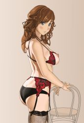 Rule 34 | 1girl, arm support, ass, back, bad id, bad pixiv id, bare shoulders, black eyes, black panties, blush, bra, bracelet, breasts, brown eyes, brown hair, butt crack, chair, covered erect nipples, cupless bra, curly hair, female focus, fishnet thighhighs, fishnets, garter belt, grey background, jewelry, lingerie, long hair, looking at viewer, mimizo, mimizou, mole, necklace, nippleless clothes, nipples, open bra, open mouth, original, panties, simple background, solo, standing, thighhighs, underwear, underwear only, wavy hair