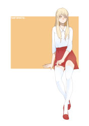 Rule 34 | 1girl, arm at side, arm support, blonde hair, closed mouth, collarbone, collared shirt, full body, hand on lap, high heels, invisible chair, jian jiao doufu rou mantou, long hair, long sleeves, looking at viewer, miniskirt, original, red footwear, red skirt, shirt, shoes, sitting, skirt, sleeves past elbows, solo, thighhighs, white shirt, white thighhighs, yellow eyes