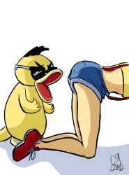 Rule 34 | &gt;:d, 10s, 1girl, 2012, :d, absurdres, all fours, ass, bird, black hair, close-up, creature, creatures (company), cullen, denim, denim shorts, duck, game freak, gangnam style, gen 1 pokemon, gym leader, highres, legs, midriff, misty (pokemon), nintendo, open mouth, parody, pocket, pokemon, pokemon (classic anime), pokemon (creature), psy, psyduck, pun, shadow, shoes, short shorts, shorts, signature, smile, sneakers, sunglasses, suspenders, v-shaped eyebrows