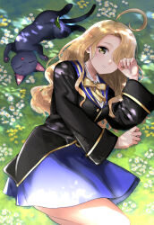 Rule 34 | 1girl, ahoge, animal, black cat, black jacket, blonde hair, blue skirt, bow, breasts, brown bow, brown eyes, cat, claude sirius, collared shirt, commentary request, day, dress shirt, ewe aries, flower, hair over one eye, hand up, highres, jacket, kuroneko to majo no kyoushitsu, long hair, long sleeves, looking at viewer, lying, medium breasts, natsupa, on grass, on side, outdoors, shirt, skirt, solo focus, very long hair, white flower, white shirt, wide sleeves