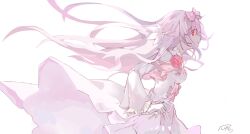 1girl arcaea bow breasts cleavage dress flipped_hair flower from_side gloves gongguagege highres hikari_(arcaea) hikari_(fatalis)_(arcaea) long_sleeves medium_breasts pink_bow pink_eyes pink_flower pink_hair pink_rose rose sidelocks solo thighhighs white_dress white_gloves white_thighhighs wide_sleeves