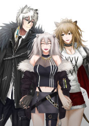 Rule 34 | 1boy, 2girls, absurdres, arknights, bare shoulders, blonde hair, cleavage, cowboy hat, fangz, fur-trimmed jacket, fur-trimmed shorts, fur trim, hat, highres, holding hands, hololive, jacket, lion girl, multicolored hair, multiple girls, see-through, see-through cleavage, shishiro botan, shorts, siege (arknights), silverash (arknights), studded choker, tank top, trait connection, two-tone hair, virtual youtuber, white hair, white tank top