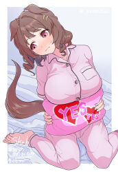 Rule 34 | 1girl, absurdres, alternate costume, animal ears, barefoot, bed sheet, blush, breast pocket, breasts, brown hair, closed mouth, collared shirt, commission, hair ornament, hairclip, highres, holding, holding pillow, horse ears, horse girl, horse tail, kimihitsuji, large breasts, light hello (umamusume), looking down, medium hair, nose blush, pajamas, pants, pillow, pink eyes, pink pajamas, pink pants, pink shirt, pocket, shirt, short sleeves, sitting, skeb commission, solo, sweatdrop, tail, umamusume, wariza, wavy mouth, yes-no pillow