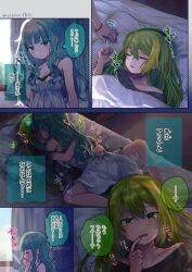 Rule 34 | 2girls, alina gray, alternate costume, bed, blush, closed eyes, closed mouth, comic, commission, finger to mouth, futaba sana, green eyes, green hair, hair between eyes, hand on another&#039;s back, hug, indoors, kiss, lingerie, long hair, looking at another, lying, magia record: mahou shoujo madoka magica gaiden, mahou shoujo madoka magica, multicolored hair, multiple girls, negligee, on back, on bed, open mouth, pillow, sidelocks, skeb commission, sleeping, straight hair, streaked hair, sweatdrop, totte, translated, underwear, yuri