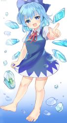 Rule 34 | 1girl, :d, barefoot, blue background, blue bow, blue dress, blue eyes, blue hair, bow, cirno, cirno day, collared shirt, dress, fang, frog, frozen frog, full body, gradient background, hair bow, highres, ice, looking at viewer, open mouth, pinafore dress, pointing, pointing at viewer, ramudia (lamyun), red neckwear, shirt, short hair, short sleeves, simple background, skin fang, sleeveless dress, smile, solo, touhou, twitter username, water, white background, white shirt
