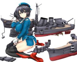 Rule 34 | 1girl, beret, black gloves, black hair, black thighhighs, blue hat, blue skirt, breasts, cannon, garter straps, gloves, hat, highres, kantai collection, large breasts, military, military uniform, miniskirt, red eyes, rigging, short hair, short hair with long locks, sidelocks, sitting, skirt, smokestack, solo, takao (kancolle), thighhighs, torpedo launcher, turret, uniform, wariza, yashio (0321)
