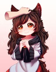 Rule 34 | 1girl, :3, absurdres, animal ears, brooch, brown hair, chibi, disembodied hand, dress, dungeon toaster, hand on another&#039;s head, head pat, headpat, highres, huge filesize, imaizumi kagerou, jewelry, long hair, long sleeves, looking up, out of frame, red eyes, sparkle, sparkle background, sparkling eyes, tail, touhou, werewolf, white dress, wolf ears, wolf girl