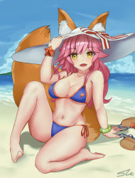 Rule 34 | 10s, 1girl, absurdres, animal ears, bikini, blue bikini, blush, breasts, cleavage, collarbone, day, ears through headwear, fate/extra, fate/grand order, fate (series), fox ears, fox tail, groin, hat, highres, large breasts, long hair, looking at viewer, navel, ocean, outdoors, pink hair, s.u. (simpleu818), sandals, unworn sandals, sitting, solo, swimsuit, tail, tamamo (fate), tamamo no mae (fate/extra), tamamo no mae (swimsuit lancer) (fate), tamamo no mae (swimsuit lancer) (third ascension) (fate), yellow eyes