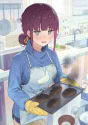 Rule 34 | 1girl, @ @, absurdres, apron, black shorts, blue apron, blue sweater, blush, bowl, bread, breasts, burnt food, commentary request, day, ddal, duck print, faucet, flying sweatdrops, food, frying pan, grey eyes, hair bun, hair ribbon, highres, holding, indoors, ladle, long sleeves, looking at viewer, medium breasts, milk carton, open mouth, original, oven mitts, print apron, puffy long sleeves, puffy sleeves, purple hair, ribbed sweater, ribbon, short shorts, shorts, sidelocks, sink, smoke, solo, spatula, sweater, tears, tile wall, tiles, turtleneck, turtleneck sweater, wavy mouth, window, yellow ribbon