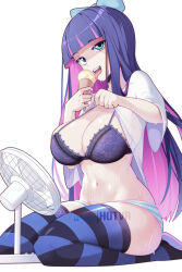 Rule 34 | 1girl, aqua eyes, blue bow, blue hair, blue theme, blunt bangs, bow, breasts, commentary, electric fan, english commentary, food, hair bow, highres, holding, holding food, holding ice cream, hot vr, ice cream, large breasts, licking, long hair, looking at viewer, multicolored hair, navel, open clothes, open mouth, open shirt, panties, panty &amp; stocking with garterbelt, patreon username, pink hair, simple background, sitting, solo, stocking (psg), striped clothes, striped panties, striped thighhighs, sweat, thighhighs, tongue, two-tone hair, underwear, white background