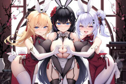 Rule 34 | 3girls, :q, absurdres, animal ears, asymmetrical docking, bare shoulders, between legs, black hair, black thighhighs, blonde hair, blue eyes, bow, breast press, breasts, china dress, chinese clothes, cleavage, closed mouth, covered navel, double bun, dress, elbow gloves, fake animal ears, fake tail, framed breasts, garter straps, gloves, hair bow, hair bun, hair ornament, hairband, hairclip, half updo, hand between legs, heart, heart hands, heart hands duo, highres, k.t.cube, large breasts, leg up, multiple girls, naughty face, no panties, no shoes, open mouth, original, panty straps, pantyhose, pelvic curtain, pink eyes, ponytail, rabbit ears, rabbit tail, red dress, see-through, see-through cleavage, skindentation, sleeveless, sleeveless dress, smile, smug, tail, tassel, thighhighs, thighs, tongue, tongue out, white dress, white gloves, white hair, white pantyhose, white thighhighs