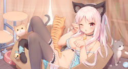 Rule 34 | 1girl, animal, animal ears, babydoll, bare shoulders, bell, black choker, black hairband, black thighhighs, blue bow, blue panties, blue ribbon, blush, bottomless, bow, bow panties, box, breasts, cardboard box, cat, cat ears, cat teaser, choker, cleavage, collarbone, curtains, fake animal ears, feet out of frame, frilled thighhighs, frills, hair ribbon, hairband, hands up, highres, in box, in container, indoors, jingle bell, long hair, medium breasts, navel, one eye closed, one side up, original, panties, unworn panties, parted lips, paw pose, pink hair, purple thighhighs, red eyes, ribbon, shenhai (2556146833), solo, tail, tail bell, tail bow, tail ornament, thighhighs, underwear, underwear only, very long hair