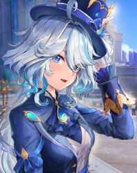 Rule 34 | 1girl, absurdres, artist name, ascot, blue ascot, blue brooch, blue gemstone, blue hair, blue hat, blue jacket, blue sky, blurry, blurry background, blush, breasts, colored inner hair, day, drop-shaped pupils, furina (genshin impact), gem, genshin impact, grey hair, hand on own head, hand up, hat, heterochromia, highres, jacket, kodona, light blue hair, lolita fashion, long hair, looking at viewer, medium breasts, mismatched pupils, multicolored hair, open mouth, outdoors, sidelocks, silverpixia, sky, solo, streaked hair, symbol-shaped pupils, top hat, upper body