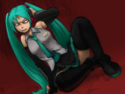 Rule 34 | 1girl, black footwear, black skirt, black sleeves, black thighhighs, blue hair, breasts, collared shirt, commentary request, dated, detached sleeves, grey shirt, hair ornament, hatsune miku, headphones, highres, long hair, looking afar, looking to the side, medium breasts, necktie, red background, scowl, shirt, shoes, signature, skirt, sleeveless, solo, thighhighs, twintails, very long hair, vocaloid, yukiman