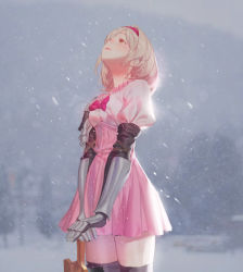 Rule 34 | 1girl, absurdres, blonde hair, blush, bow, breasts, brown eyes, closed mouth, day, djeeta (granblue fantasy), dress, gatan, gaunt, granblue fantasy, hairband, highres, korean commentary, lips, looking up, outdoors, pink hairband, short dress, small breasts, snow, snowing, solo, sword, thighhighs, weapon
