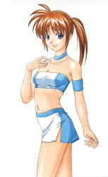 Rule 34 | 00s, 1girl, armlet, bare shoulders, blue skirt, collarbone, fukuoka katsumi, looking at viewer, lyrical nanoha, mahou shoujo lyrical nanoha, mahou shoujo lyrical nanoha a&#039;s, mahou shoujo lyrical nanoha strikers, midriff, race queen, side ponytail, side slit, simple background, skirt, solo, stomach, strapless, takamachi nanoha, tube top, white background
