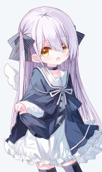 Rule 34 | 1girl, :o, black bow, black collar, black jacket, black thighhighs, bow, brown eyes, ciela (yuuhagi (amaretto-no-natsu)), collar, dress, grey background, hair over one eye, jacket, long sleeves, looking at viewer, open clothes, open jacket, open mouth, original, purple hair, sailor collar, sailor dress, simple background, sleeves past wrists, solo, striped, striped bow, thighhighs, two side up, white dress, white sailor collar, yuuhagi (amaretto-no-natsu)