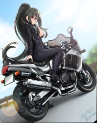 Rule 34 | 1girl, biker clothes, bikesuit, black hair, black jumpsuit, blue sky, blurry, blurry background, bodysuit, breasts, cloud, cloudy sky, commentary request, day, depth of field, diesel-turbo, dutch angle, female focus, full body, grisaia (series), grisaia phantom trigger, highres, inohara maki, jacket, jumpsuit, large breasts, leather, leather jacket, long hair, long sleeves, looking at viewer, looking back, motor vehicle, motorcycle, on motorcycle, open mouth, outdoors, partial commentary, partially unzipped, ponytail, railing, red eyes, sidelocks, sky, smile, solo, suzuki gsx-1100, very long hair